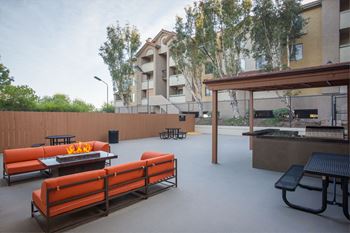 Outdoor lounge with fireplace